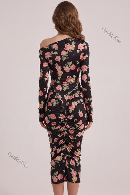 Black Floral Bodycon Midi Dress with Asymmetrical Off-the-Shoulder black stretch knit dress - product view 3