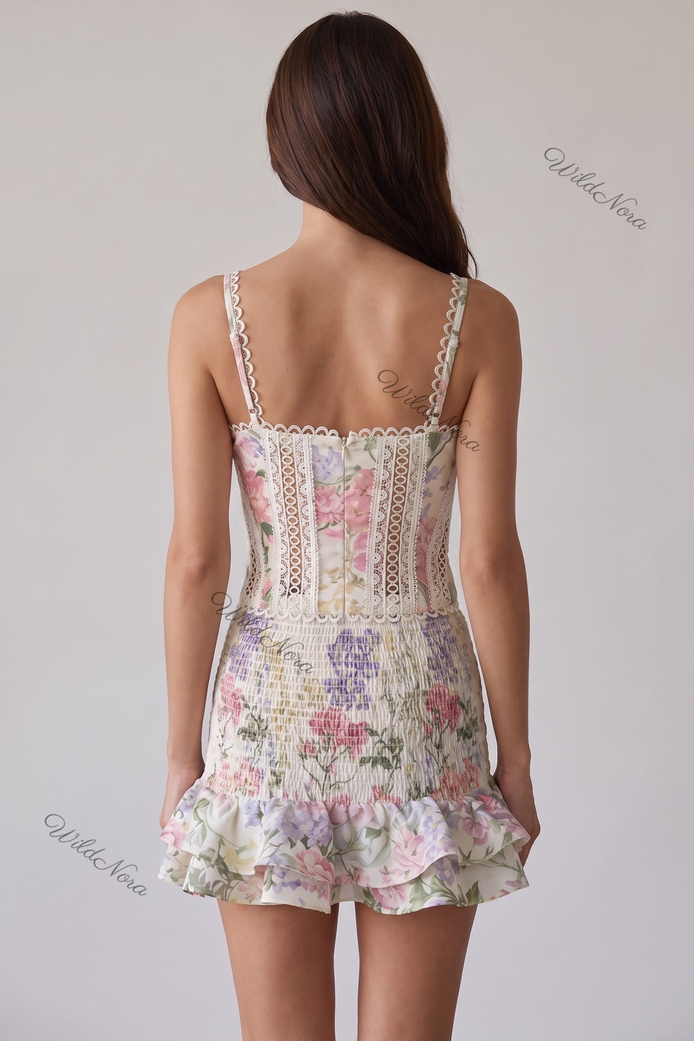 Floral Corset Two-Piece Set with Smocked Mini Skirt off-white, cream cotton-linen blend two-piece set - product view 3