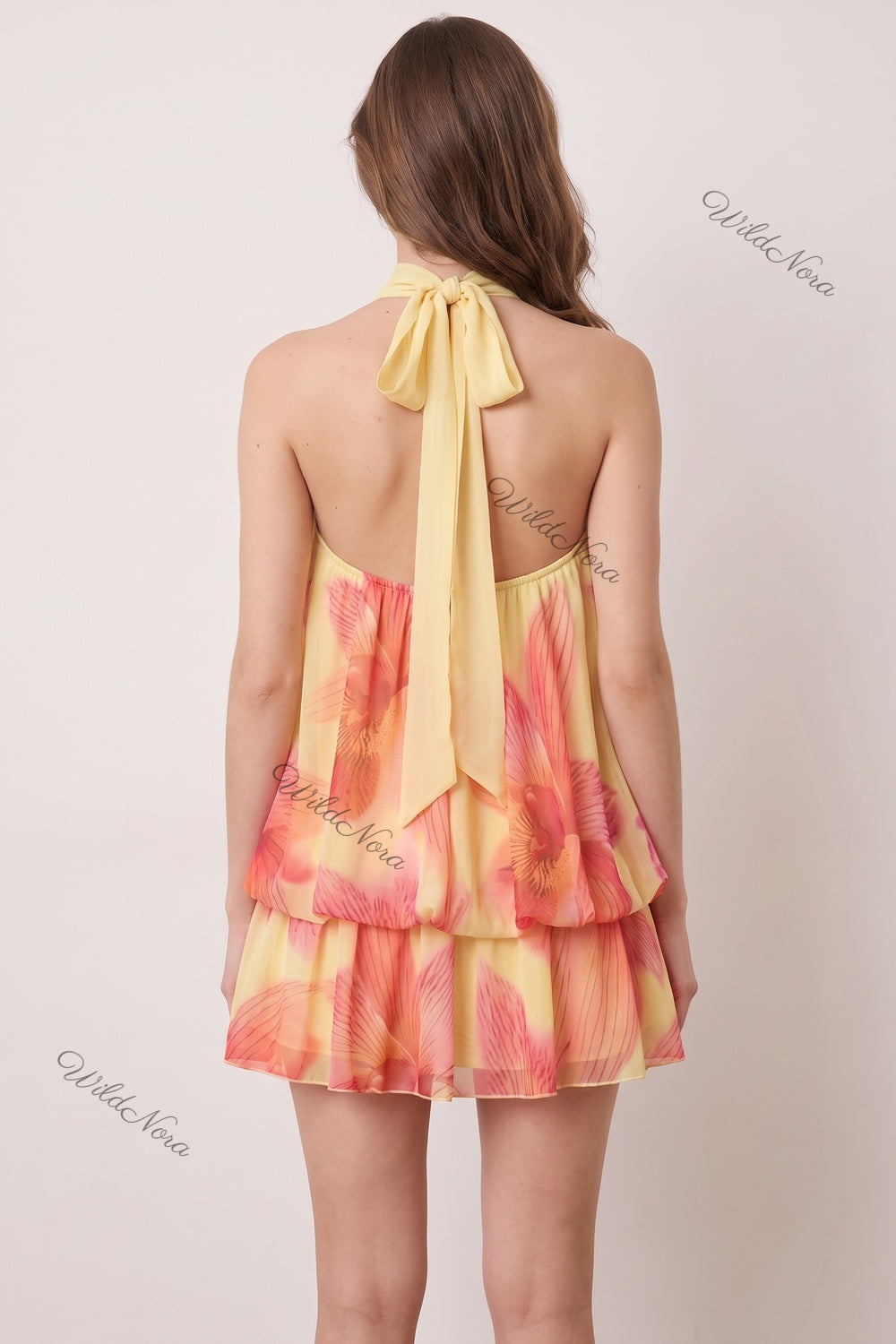 Pale Yellow Chiffon A-Line Tiered Blouson Dress with Orchid Floral Print pale yellow chiffon dress - product view 3