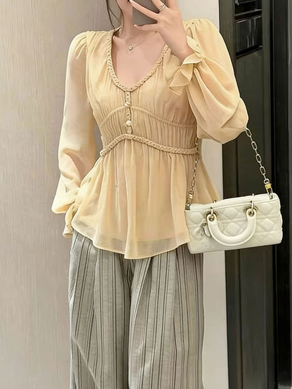 Sophia Daily V-Neck Puff Sleeve Chiffon Top