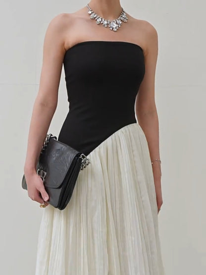 Black white contrast tube top irregular maxi dress