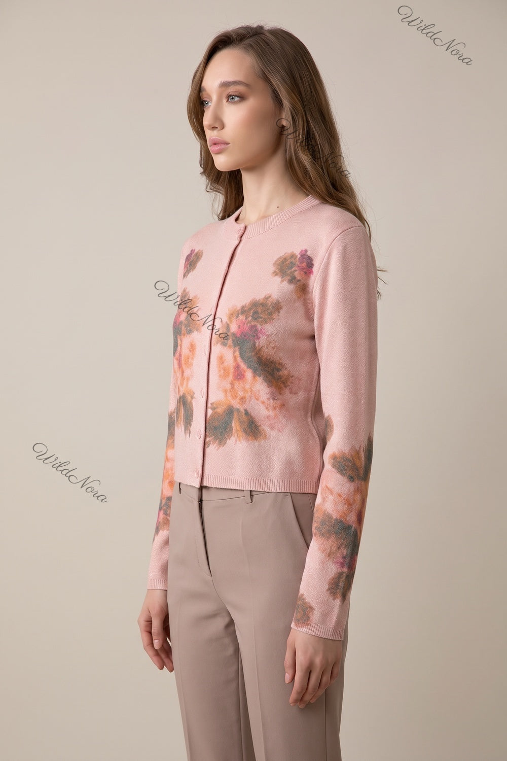 Dusty Pink Fine-Gauge Knit Cardigan with Watercolor Floral Print dusty pink fine-gauge knit cardigan - product view 5