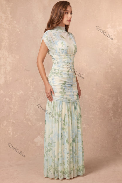 Cream Watercolor Floral Drop-Waist Maxi Dress Cream, Off-white Sheer mesh Maxi dress - product view 5
