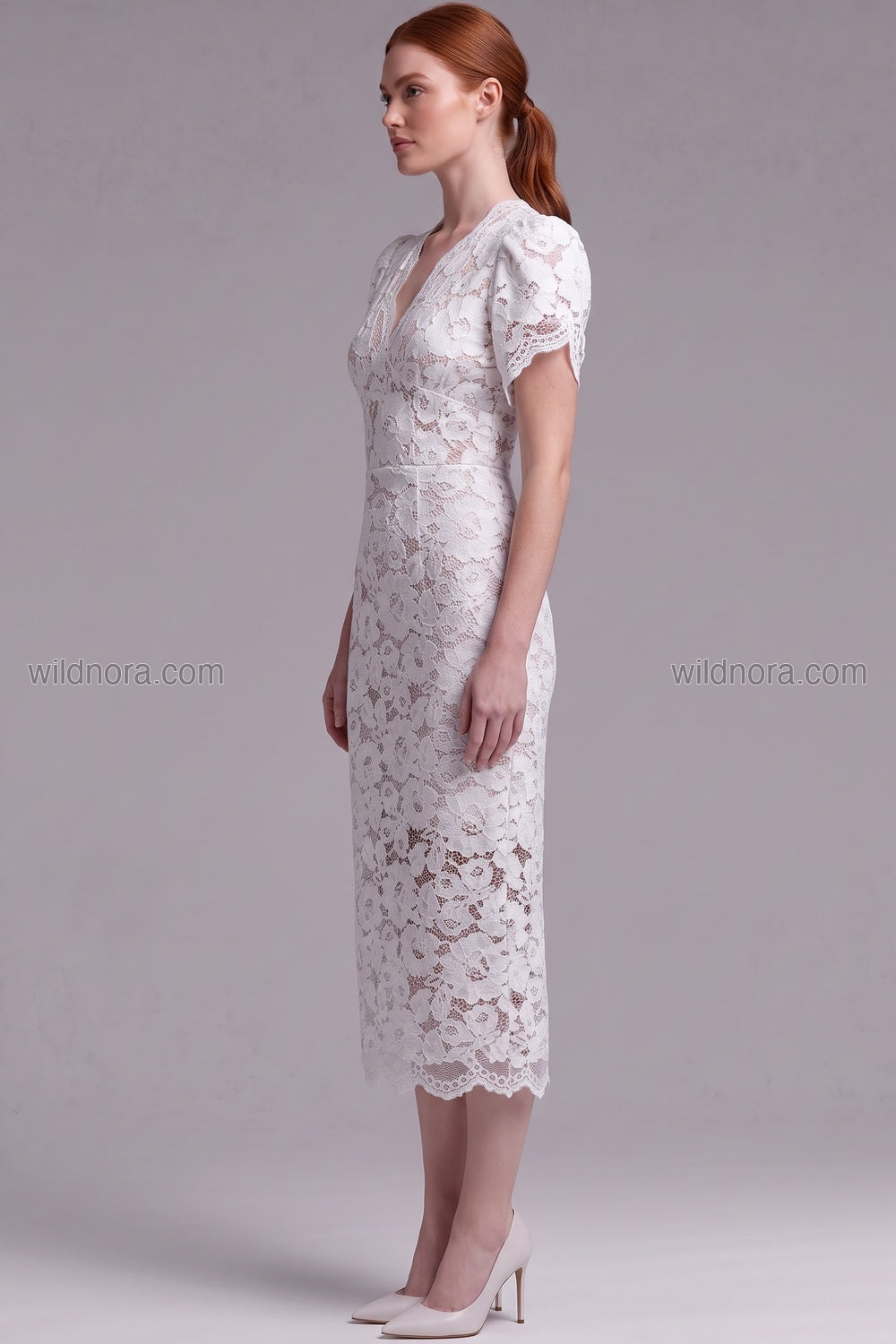 White Floral Lace Midi Dress Premium Fabric - product view 7