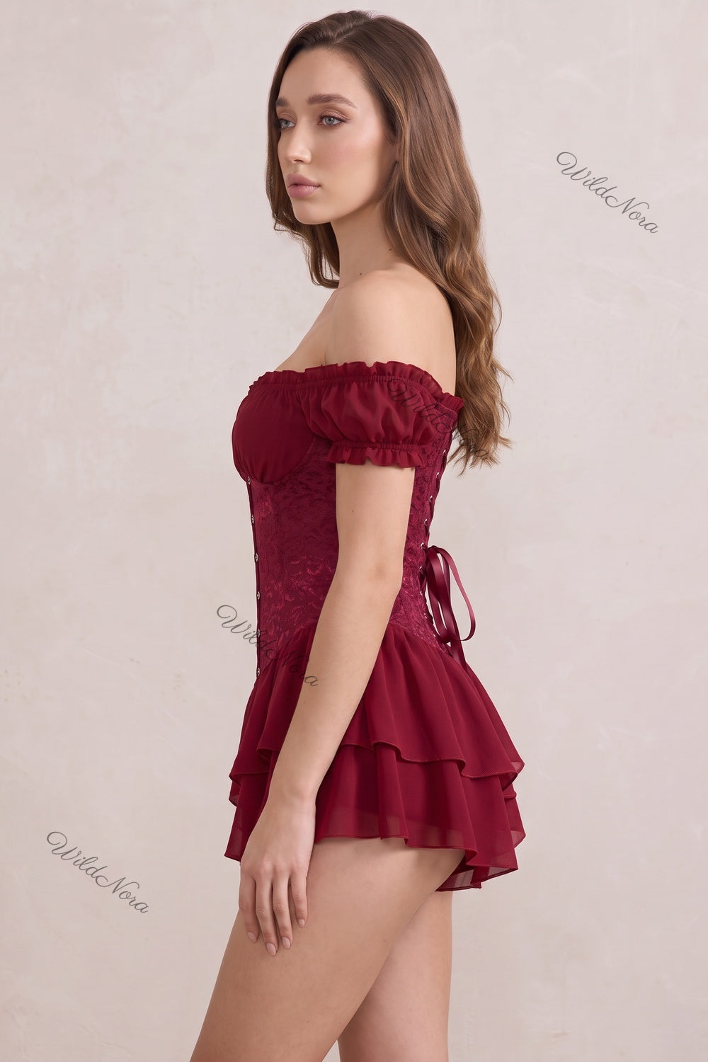 Burgundy Chiffon Corset Romper with Lace Overlay burgundy chiffon corset romper - product view 5