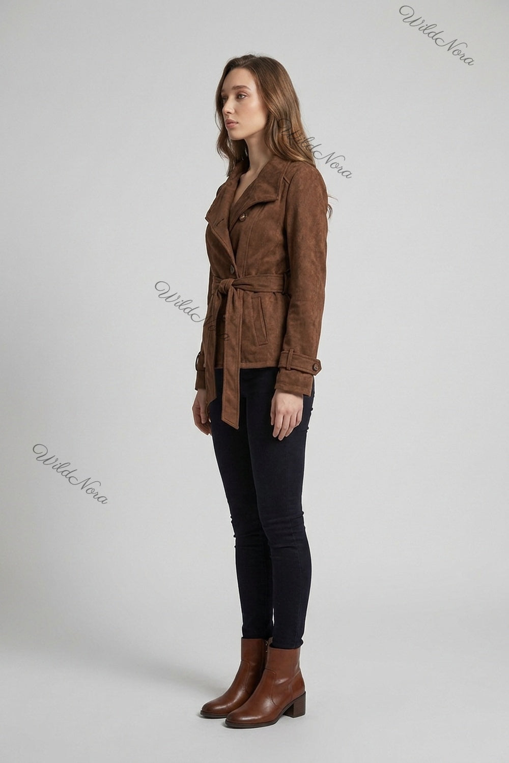 Chocolate Brown Faux-Suede Structured Belted Jacket chocolate brown faux-suede jacket - product view 5