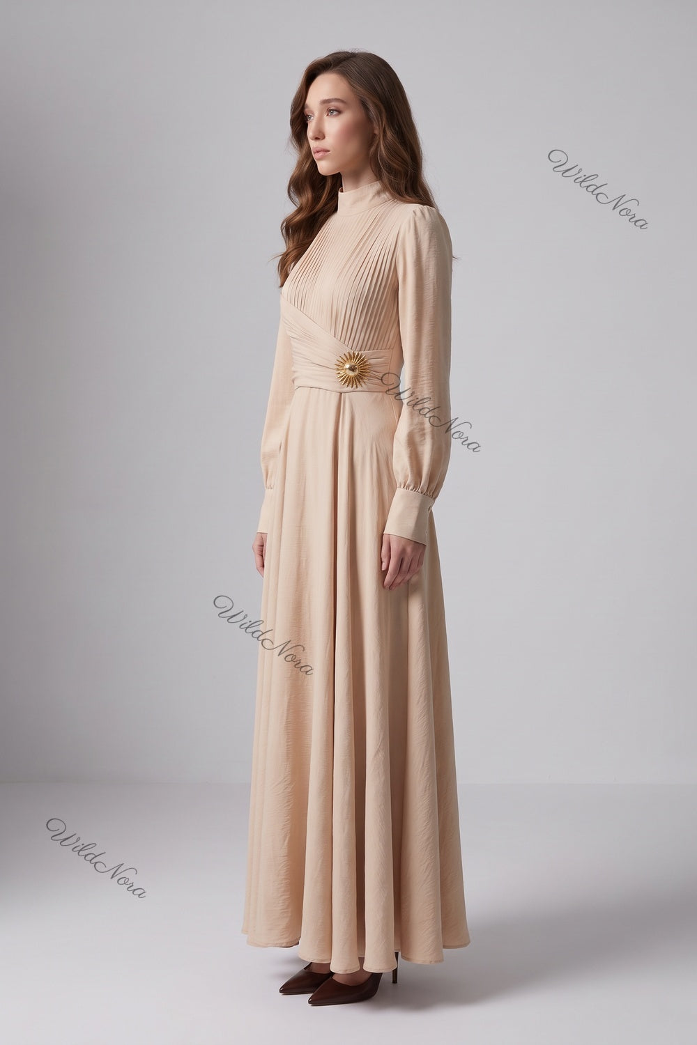 Beige Textured Linen-Blend A-Line Maxi Dress with Gold Brooch beige textured linen-blend maxi dress - product view 5