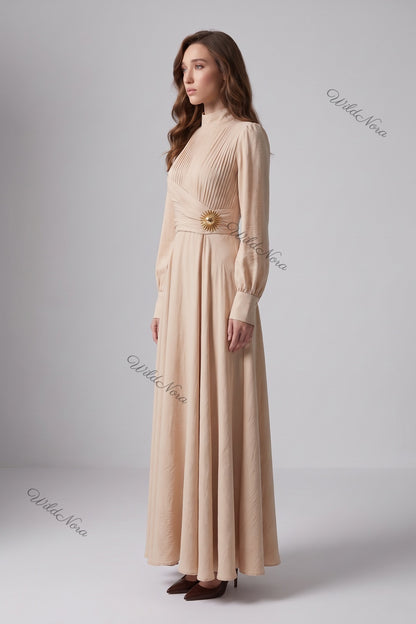 Beige Textured Linen-Blend A-Line Maxi Dress with Gold Brooch beige textured linen-blend maxi dress - product view 5