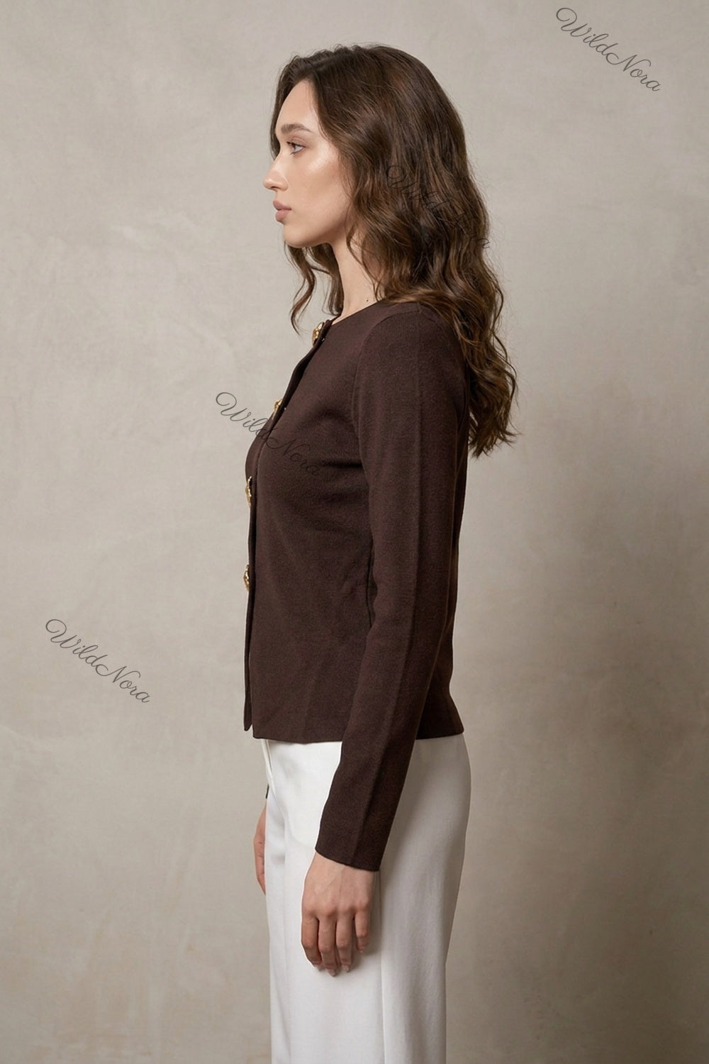 Dark Brown Fine-Gauge Knit Cardigan Jacket with Textured Gold Buttons dark brown fine-gauge knit cardigan jacket - product view 5