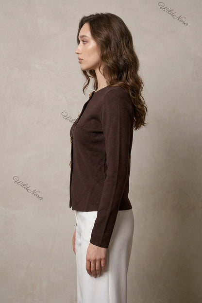 Dark Brown Fine-Gauge Knit Cardigan Jacket with Textured Gold Buttons dark brown fine-gauge knit cardigan jacket - product view 5