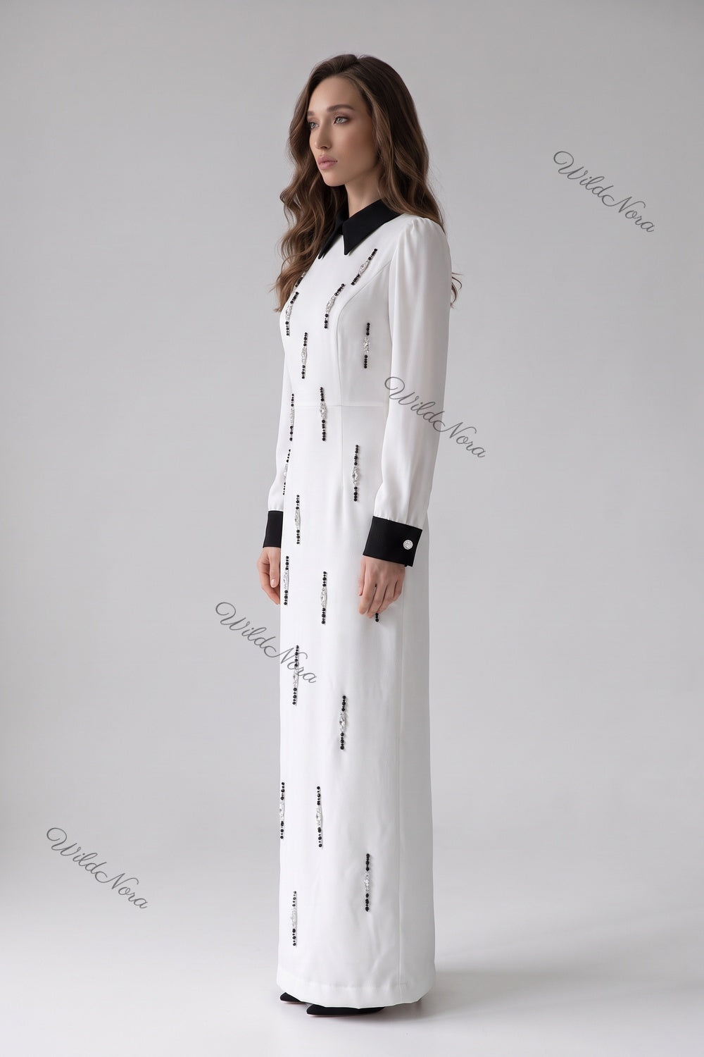 White Crepe A-Line Maxi Dress with Beaded Embellishments white crepe maxi dress - product view 5