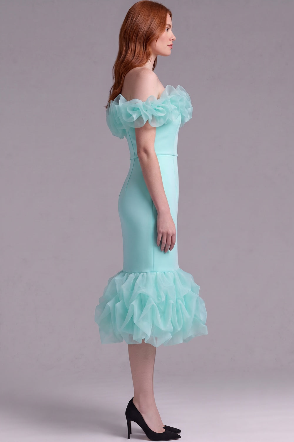 Mint Green Off-The-Shoulder Mermaid Midi Dress with Organza Ruffles mint green structured stretch woven dress - product view 3
