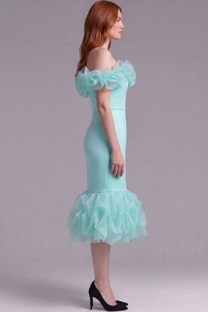 Mint Green Off-The-Shoulder Mermaid Midi Dress with Organza Ruffles mint green structured stretch woven dress - product view 3
