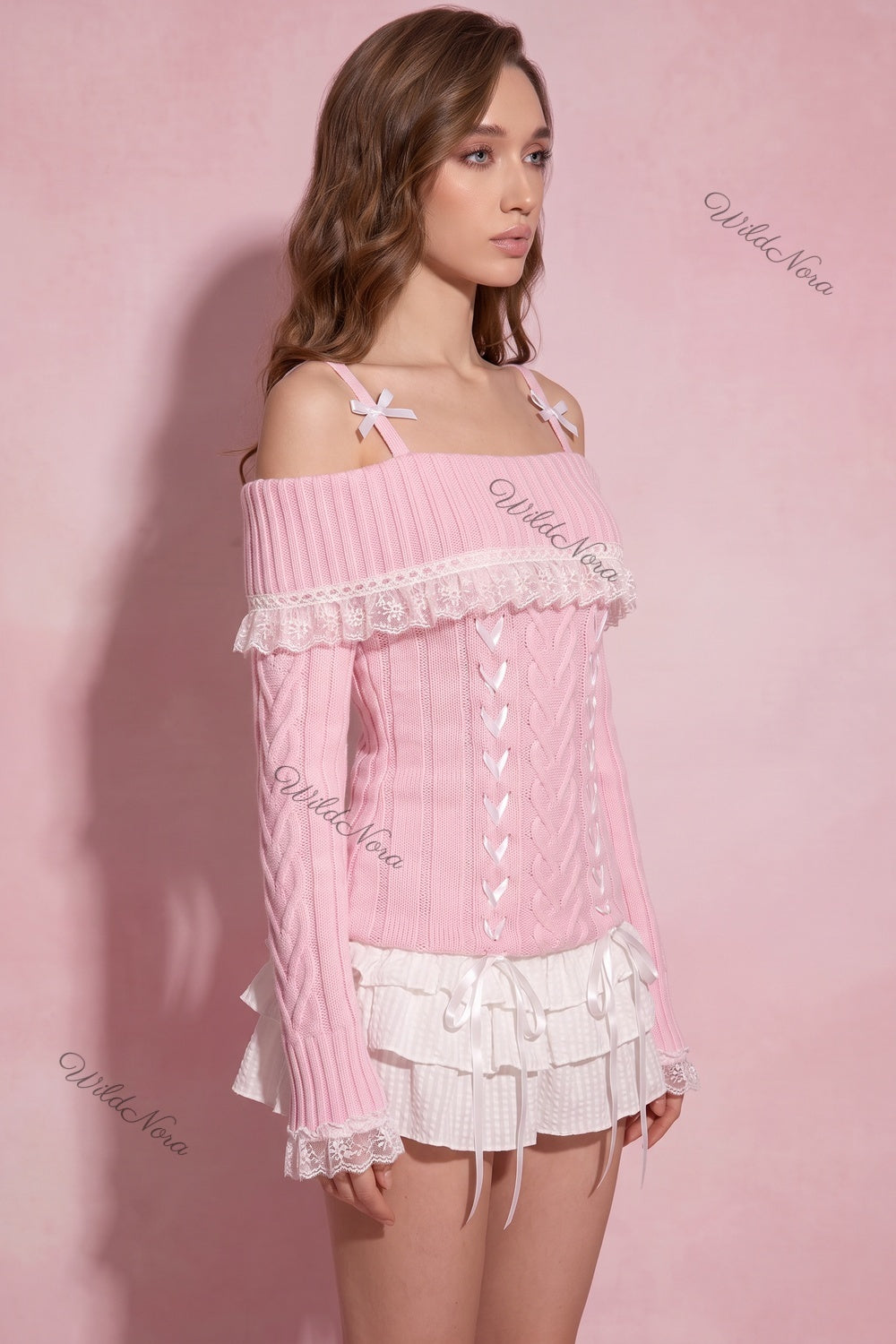 Pastel Pink Ribbed Knit Off-The-Shoulder Top with Corset Lacing pastel pink ribbed knit off-the-shoulder knit top - product view 5