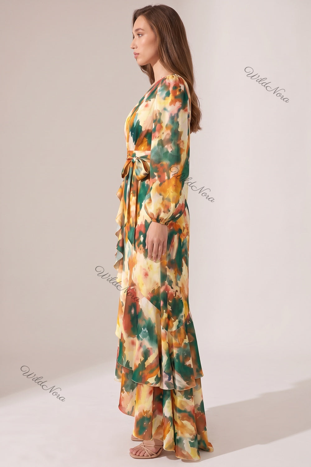 Orange Chiffon One-Shoulder Mermaid Dress with Asymmetrical Ruffles and Watercolor Print orange, green, yellow, cream chiffon dress - product view 5