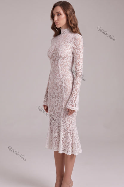 White Floral Lace Trumpet Midi Dress white floral lace dress - product view 5