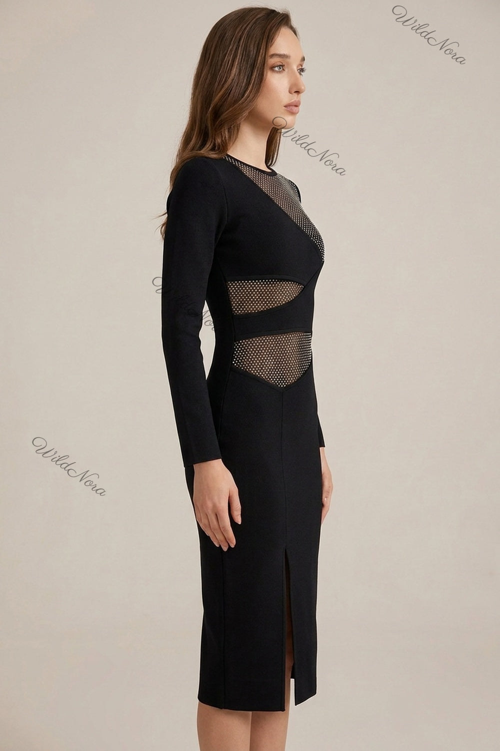 Black Heavy Knit Sheath Dress with Rhinestone Mesh Cutouts black heavy structured knit dress - product view 5