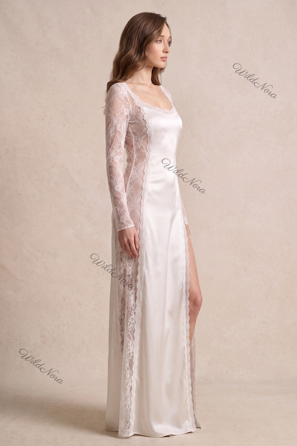 Ivory Satin and Lace Column Gown ivory satin gown - product view 5