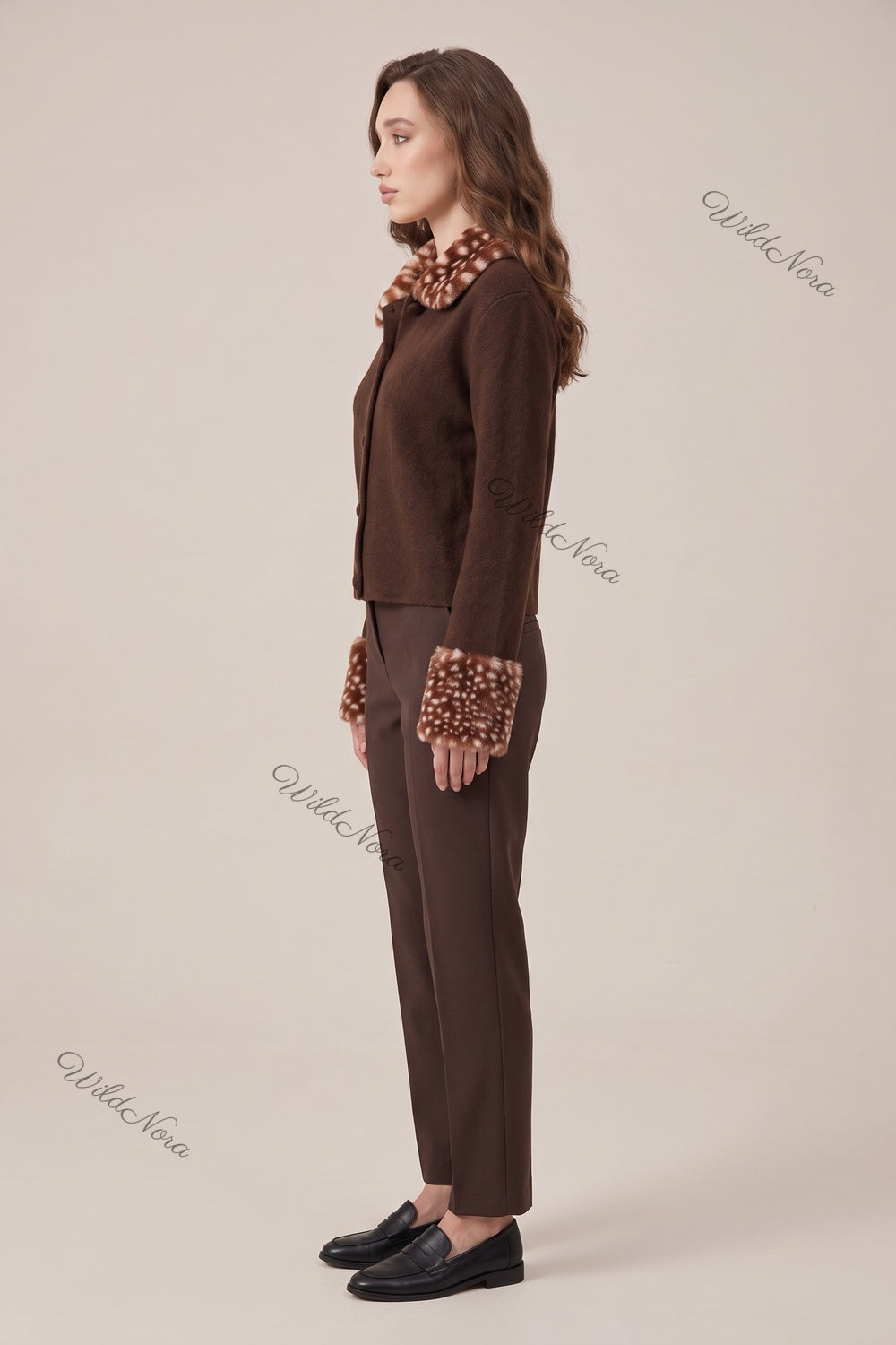 Dark Brown Box Knit Cardigan with Fawn-Spotted Faux Fur Trim dark brown fine knit cardigan - product view 5