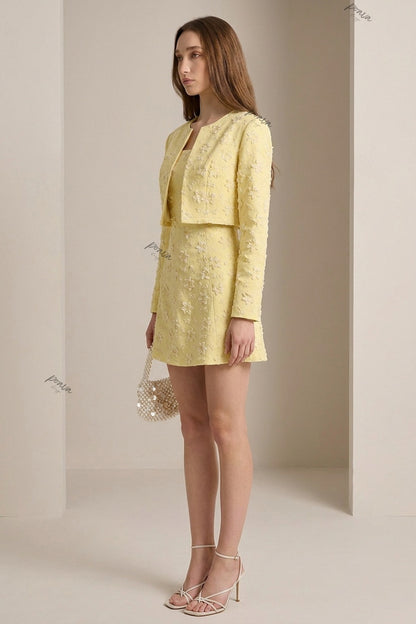 Pale Yellow Floral Appliqué Two-Piece Set Pale yellow Textured jacquard or embroidered organza overlay Two-piece set (cropped jacket and matching mini dress) - product view 5