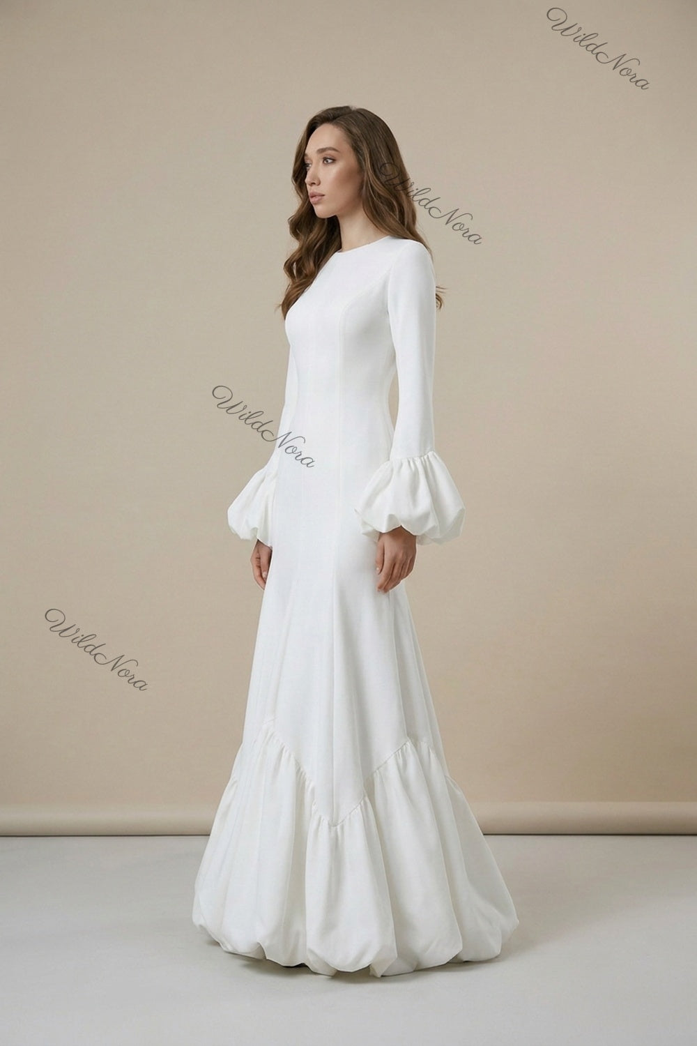 White Heavy Matte Crepe Mermaid Bubble Hem Gown white heavy matte crepe gown - product view 5