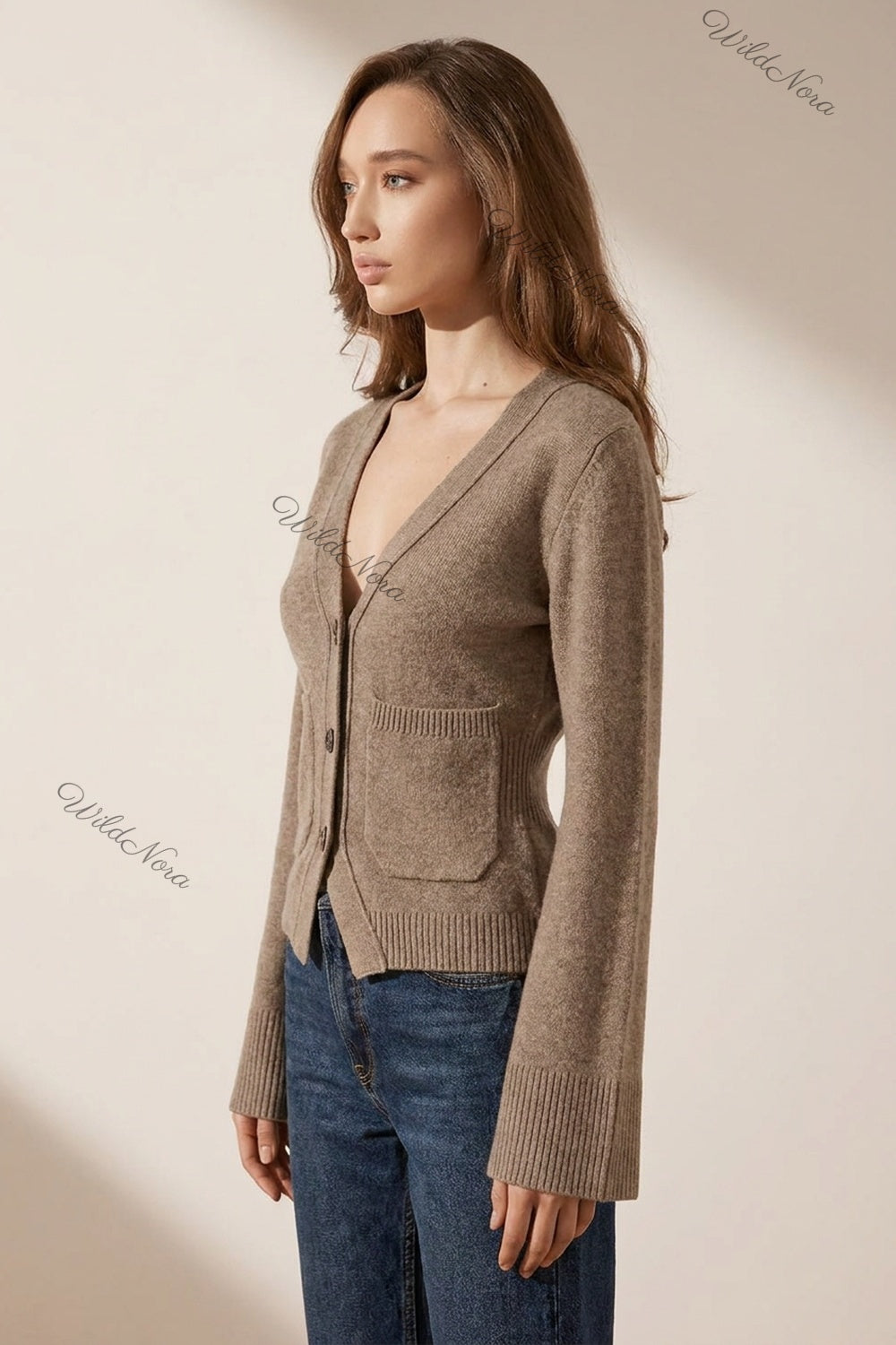 Taupe Fine-Knit Wool or Cashmere Blend Cardigan with Bell Sleeves taupe, melange beige fine knit wool or cashmere blend cardigan - product view 5