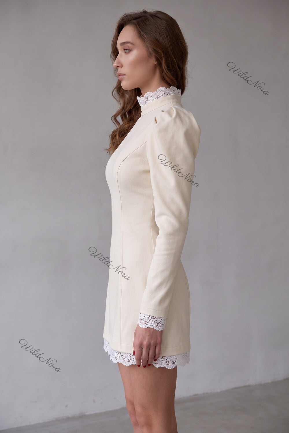 Cream Structured A-Line Mini Dress with Puff Shoulders and Lace Trim cream, off-white structured medium-weight woven or knit mini dress - product view 5