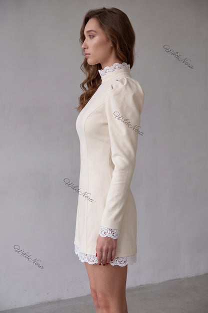 Cream Structured A-Line Mini Dress with Puff Shoulders and Lace Trim cream, off-white structured medium-weight woven or knit mini dress - product view 5