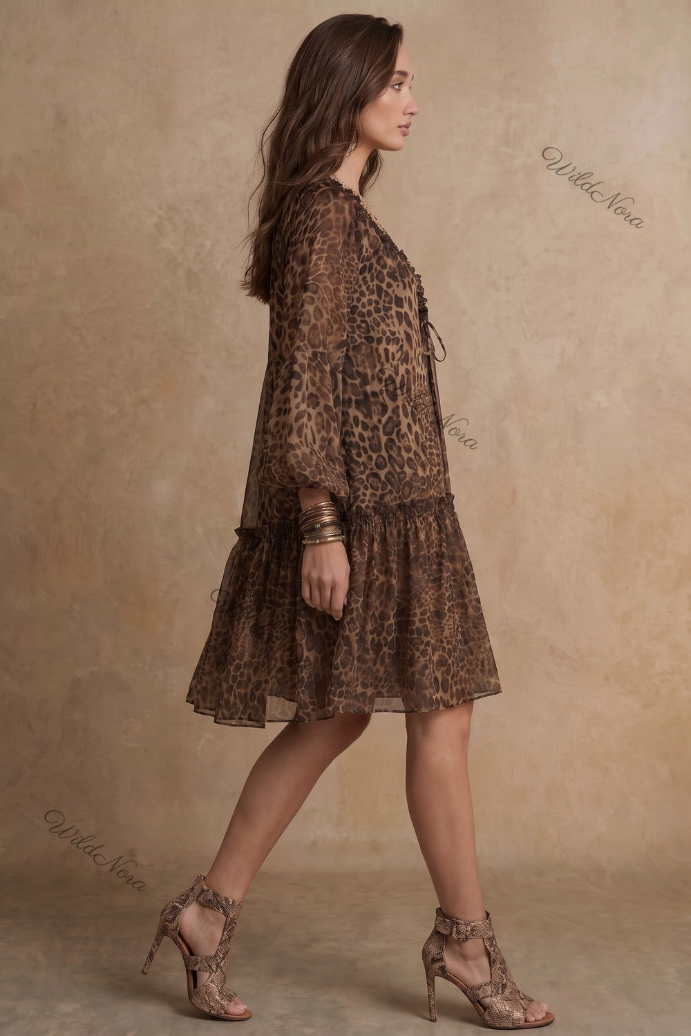 Brown Leopard Print Chiffon A-Line Tiered Dress brown, tan, black chiffon dress - product view 5