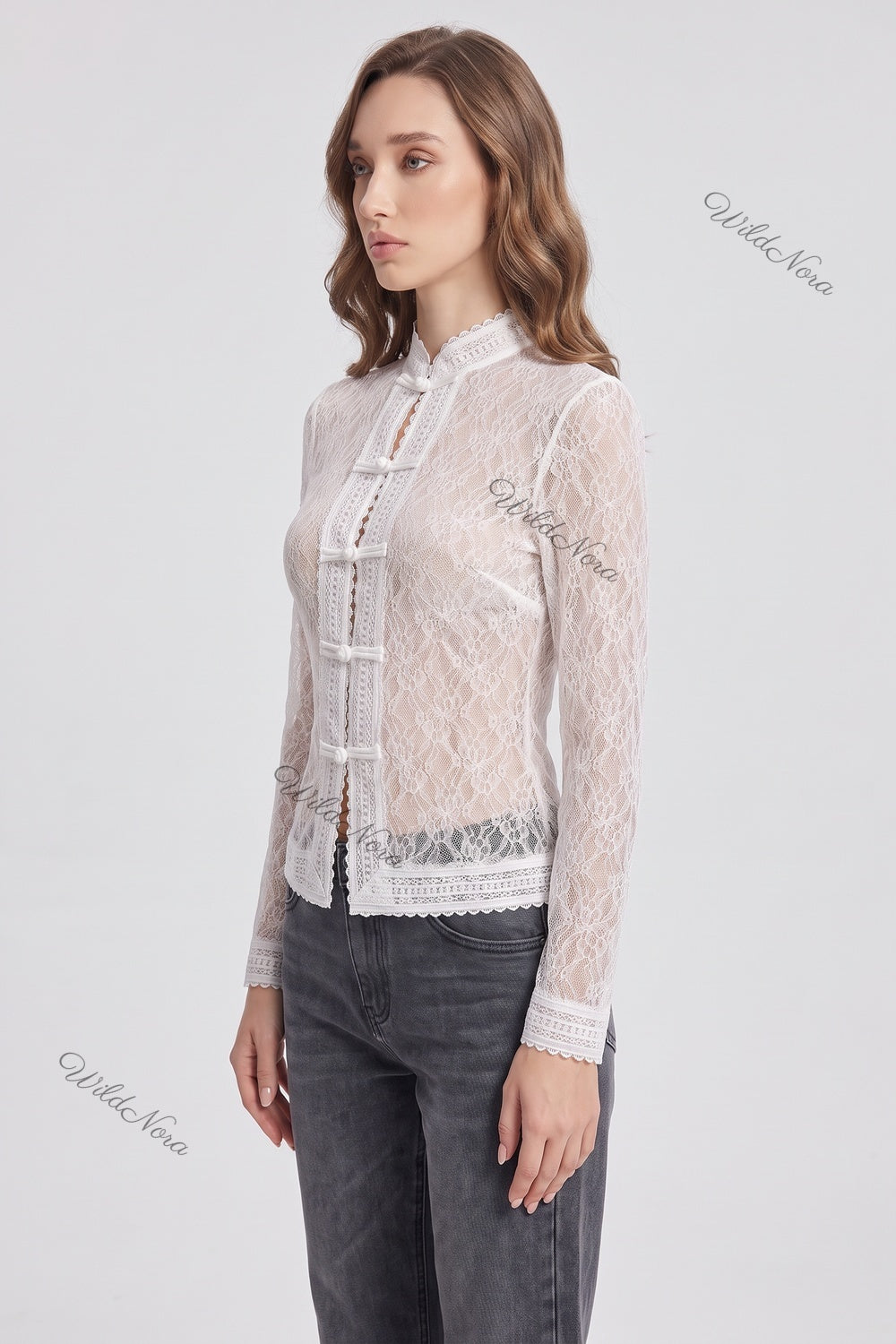 White Sheer Floral Lace Fitted Blouse white sheer floral lace blouse - product view 5