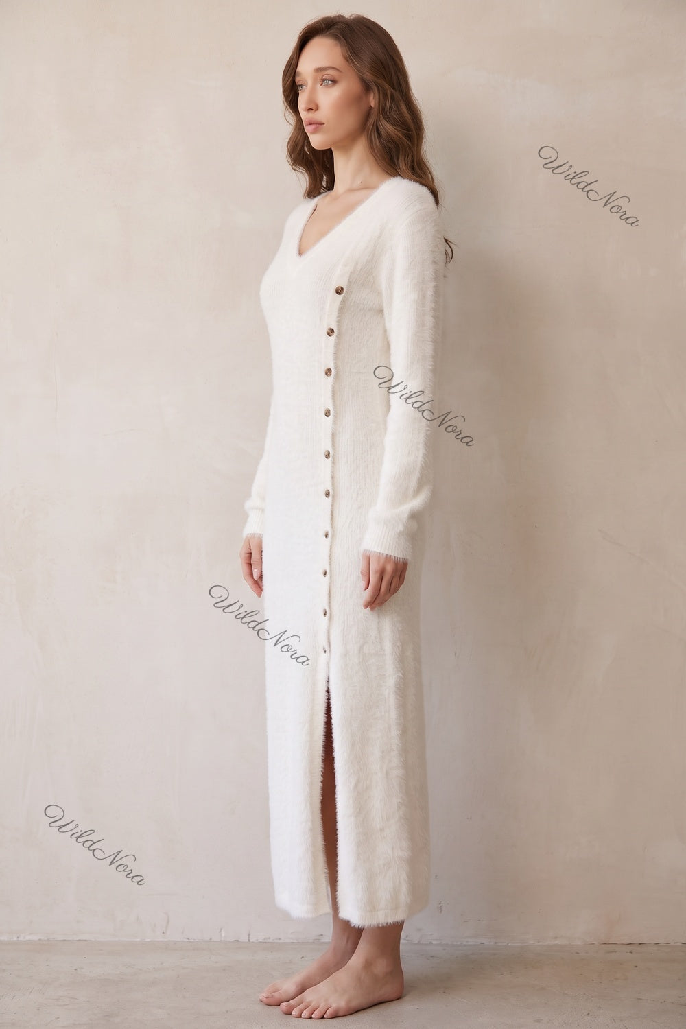 Off-White Fuzzy Eyelash Knit Column with Side Slit Sweater Dress off-white fuzzy eyelash knit sweater dress - product view 5