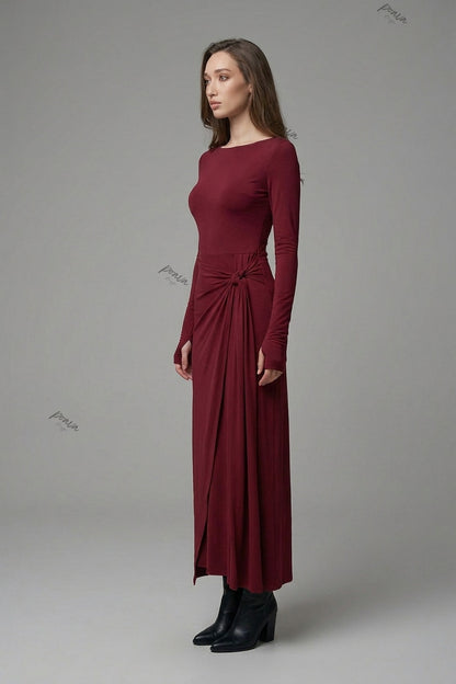 Wine Red Jersey Wrap Maxi Dress with Knot Detail wine red jersey knit dress - product view 5