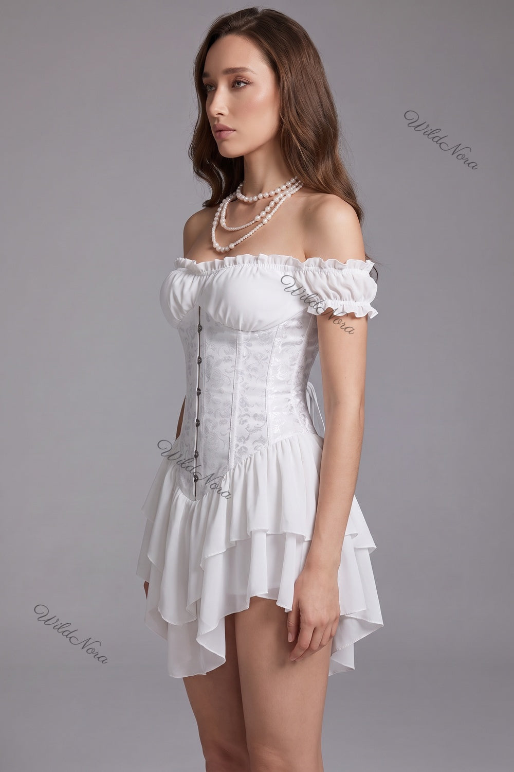 White Tonal Floral Jacquard Fit-and-Flare Corset Mini Dress white tonal floral jacquard corset mini dress - product view 5
