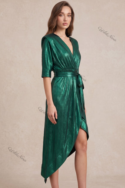 Emerald Green Metallic Plisse Wrap Dress emerald green metallic plisse synthetic dress - product view 5