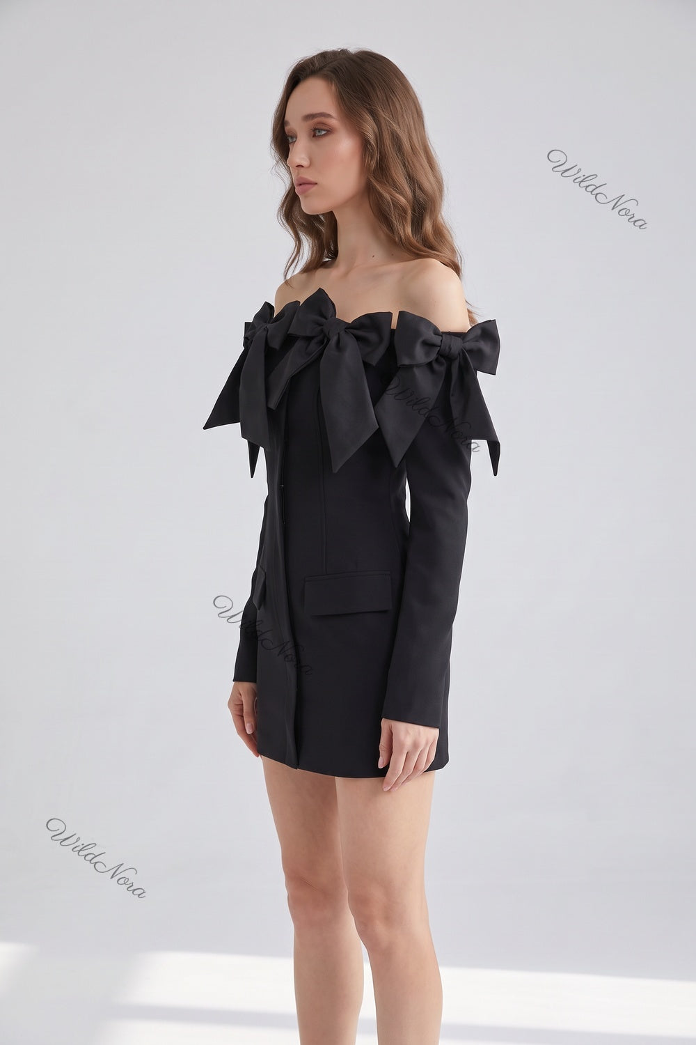 Black Structured Blazer Mini Dress with Off-Shoulder Bows black structured woven suiting blazer mini dress - product view 5