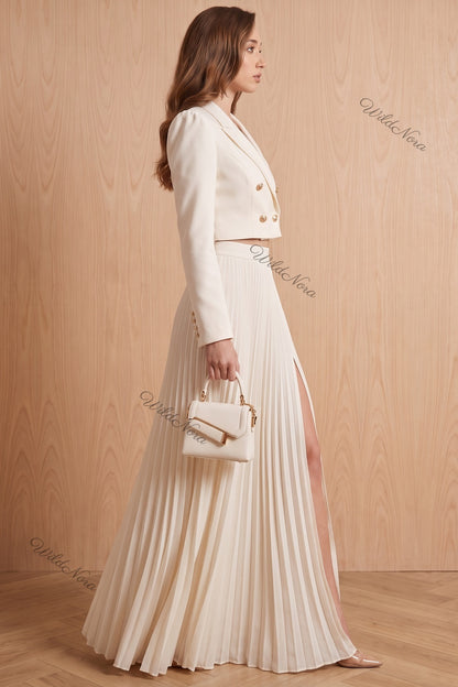 Off-White Two-Piece Set - Structured Cropped Blazer with Pleated Maxi Skirt Off-white, Cream Structured crepe suiting fabric Two-piece set (cropped blazer and maxi skirt) - product view 5
