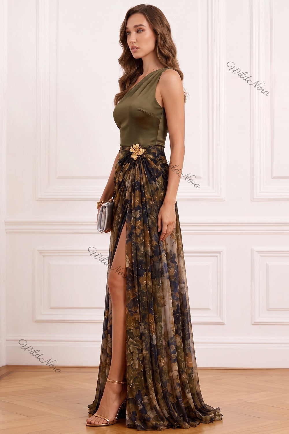 Olive Green Satin Asymmetrical A-Line Evening Gown with High Slit olive green, dark brown, black satin evening gown - product view 3