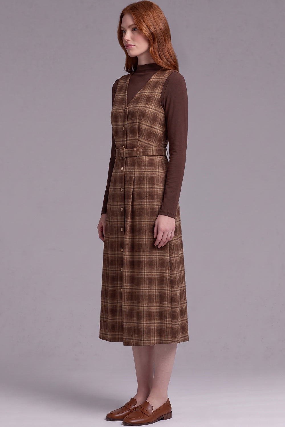 Brown Plaid Two-Piece Layered Dress Set with Belt Brown, Tan Woven plaid fabric Two-piece layered dress set - product view 5