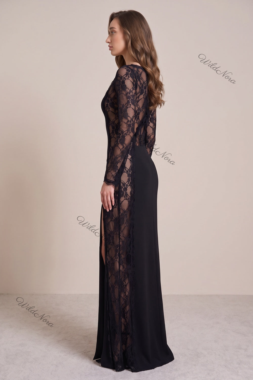 Black Matte Crepe Column Evening Gown with Sheer Floral Lace black matte crepe evening gown - product view 5