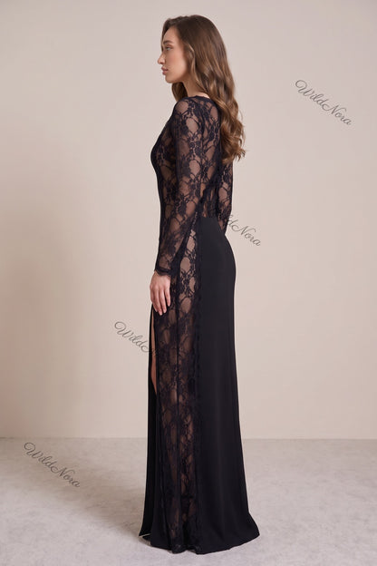 Black Matte Crepe Column Evening Gown with Sheer Floral Lace black matte crepe evening gown - product view 5