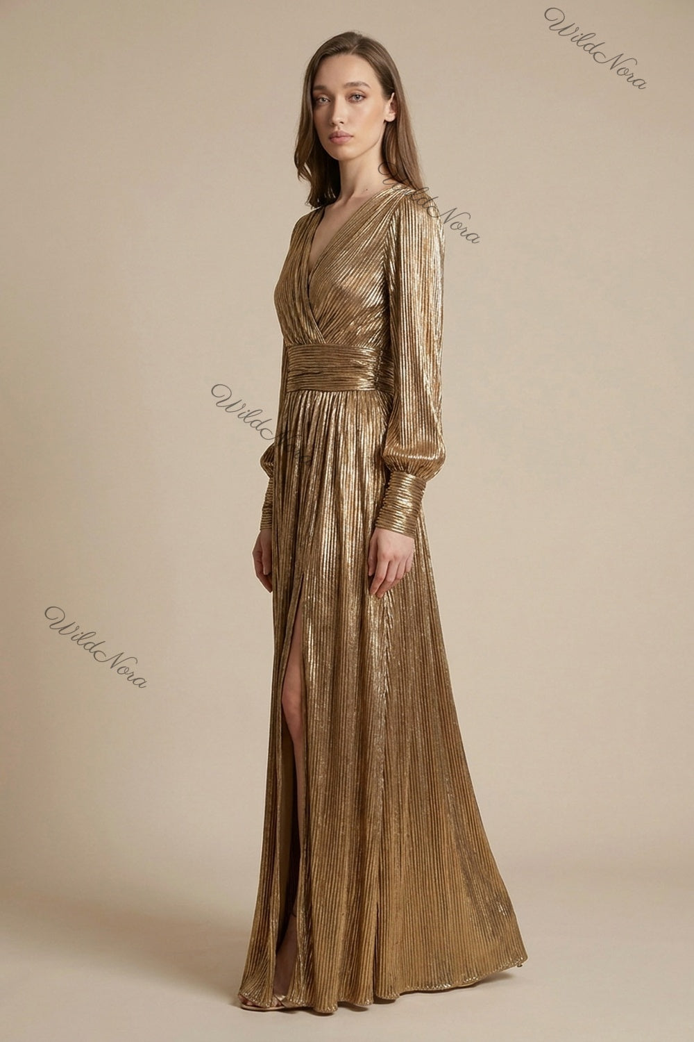 Gold Metallic Plissé A-Line Maxi Dress gold, bronze metallic plissé maxi dress - product view 5