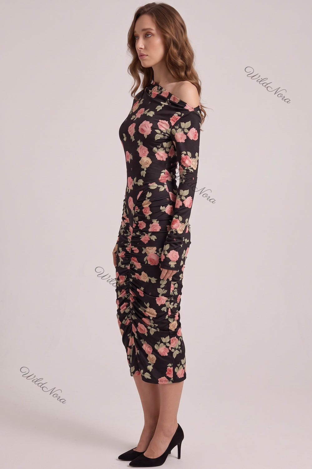 Black Floral Bodycon Midi Dress with Asymmetrical Off-the-Shoulder black stretch knit dress - product view 5