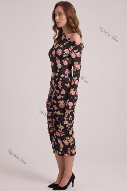 Black Floral Bodycon Midi Dress with Asymmetrical Off-the-Shoulder black stretch knit dress - product view 5