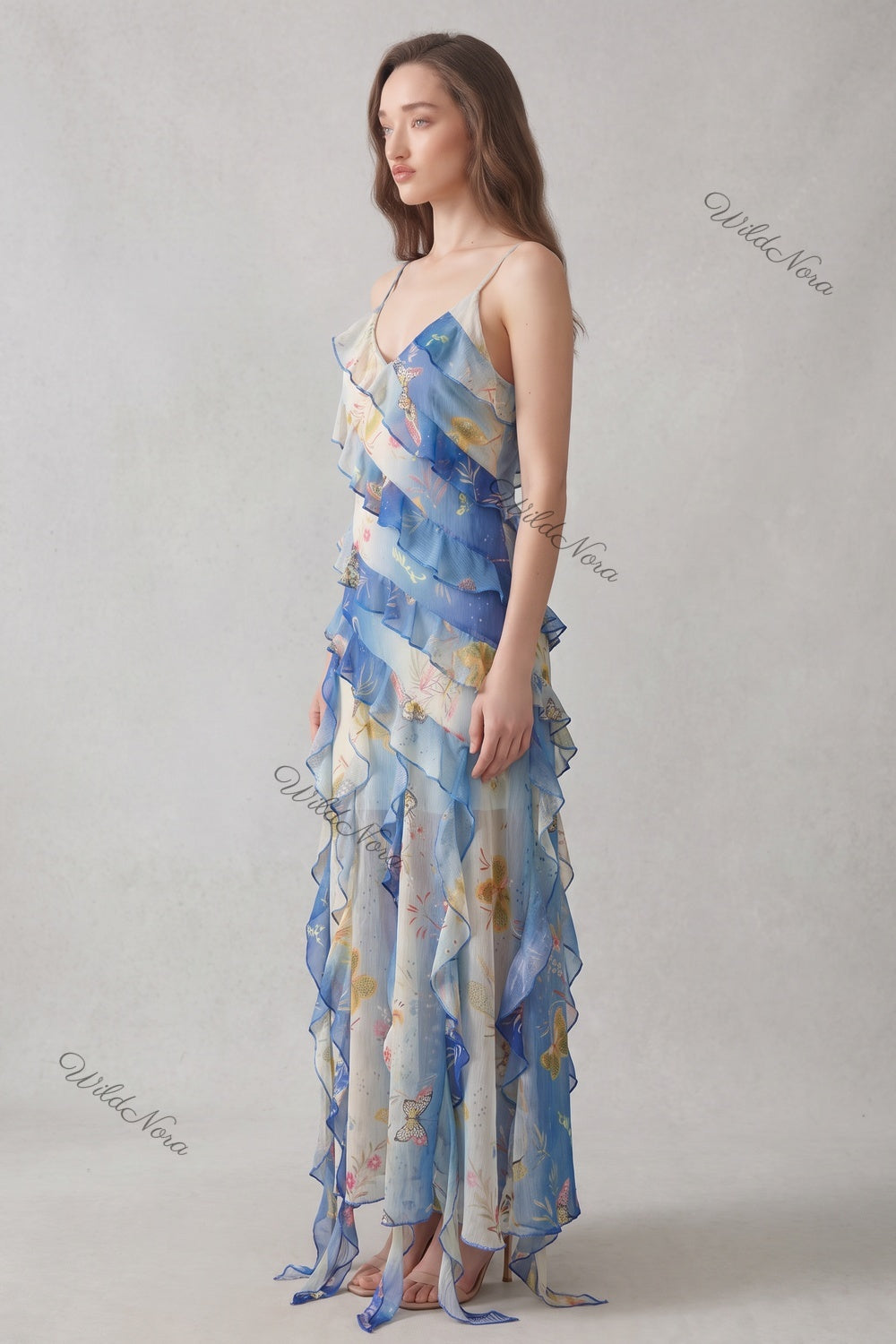Blue Chiffon Asymmetrical A-Line Maxi Dress blue, cream chiffon dress - product view 5