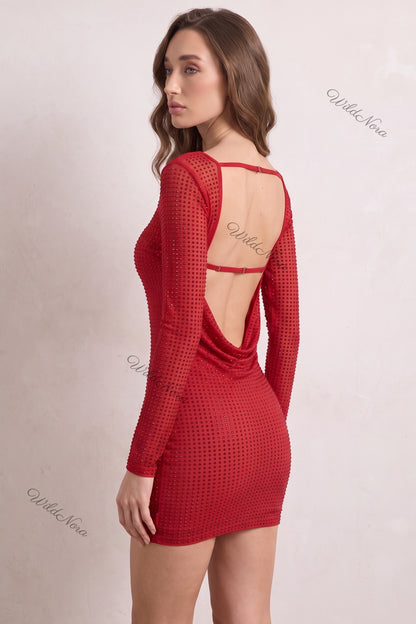 Red Semi-Sheer Mesh Sheath Dress with All-Over Rhinestone Embellishment red semi-sheer mesh dress - product view 5