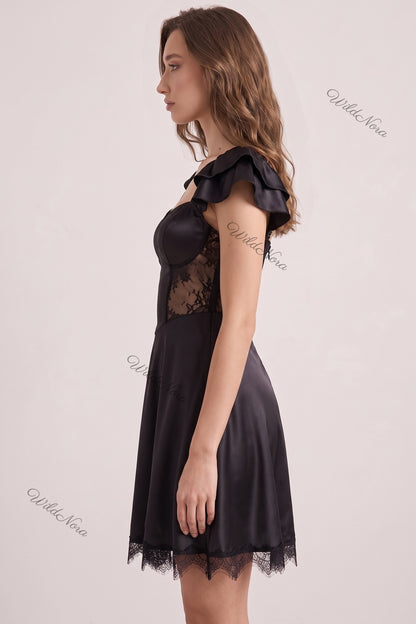 Black Satin Fit-and-Flare Mini Dress with Ruffled Cap Sleeves and Sheer Lace black satin dress - product view 5