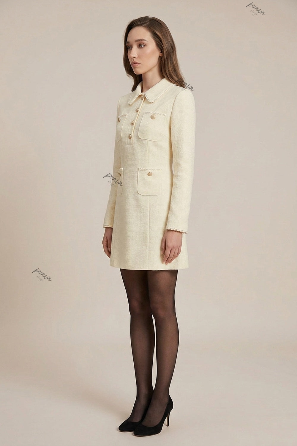 Cream Textured Woven Bouclé A-Line Mini Dress cream textured woven bouclé or heavy crepe dress - product view 5