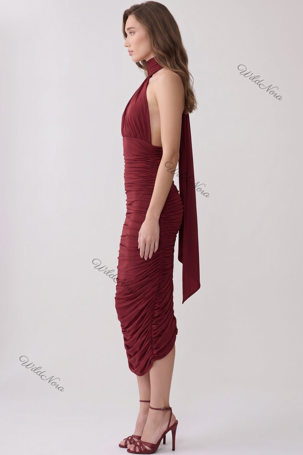 Burgundy Ruched Halter Bodycon Midi Dress burgundy stretch jersey dress - product view 5