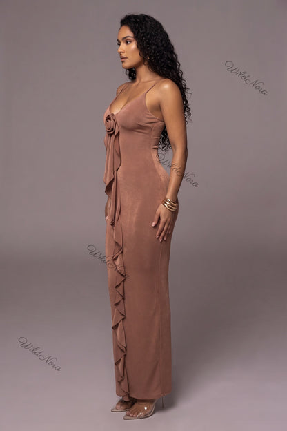 Bronze Brown Stretch Jersey Bodycon Maxi Dress with Front Rosette and Ruffle Detail bronze brown stretch jersey maxi dress - product view 5