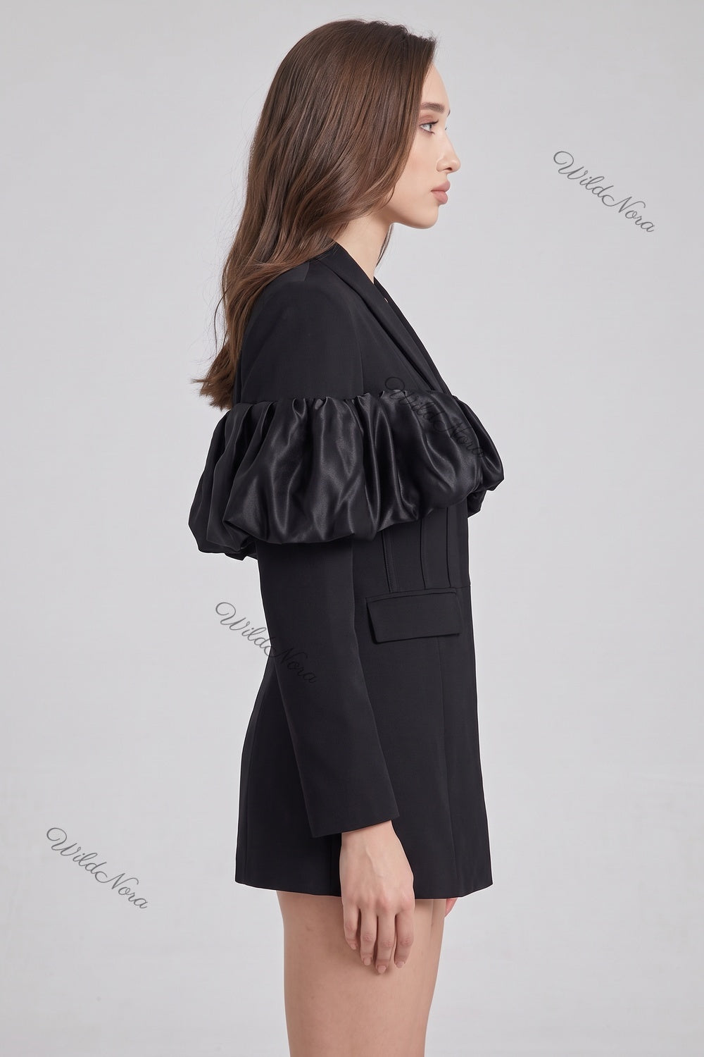 Black Tailored Blazer with Satin Ruffle Detail black woven suiting blazer - product view 5